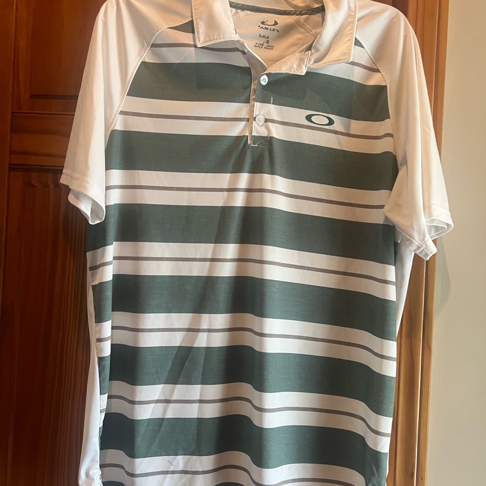 Oakley Large Green and White Striped Polo Shirt